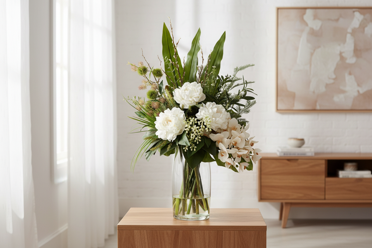 Medium White Peony and Orchid Zen artificial arrangement preserved from the original product photo on living room furniture, grounded in a tall clear cylinder vase, 60 x 30 cm