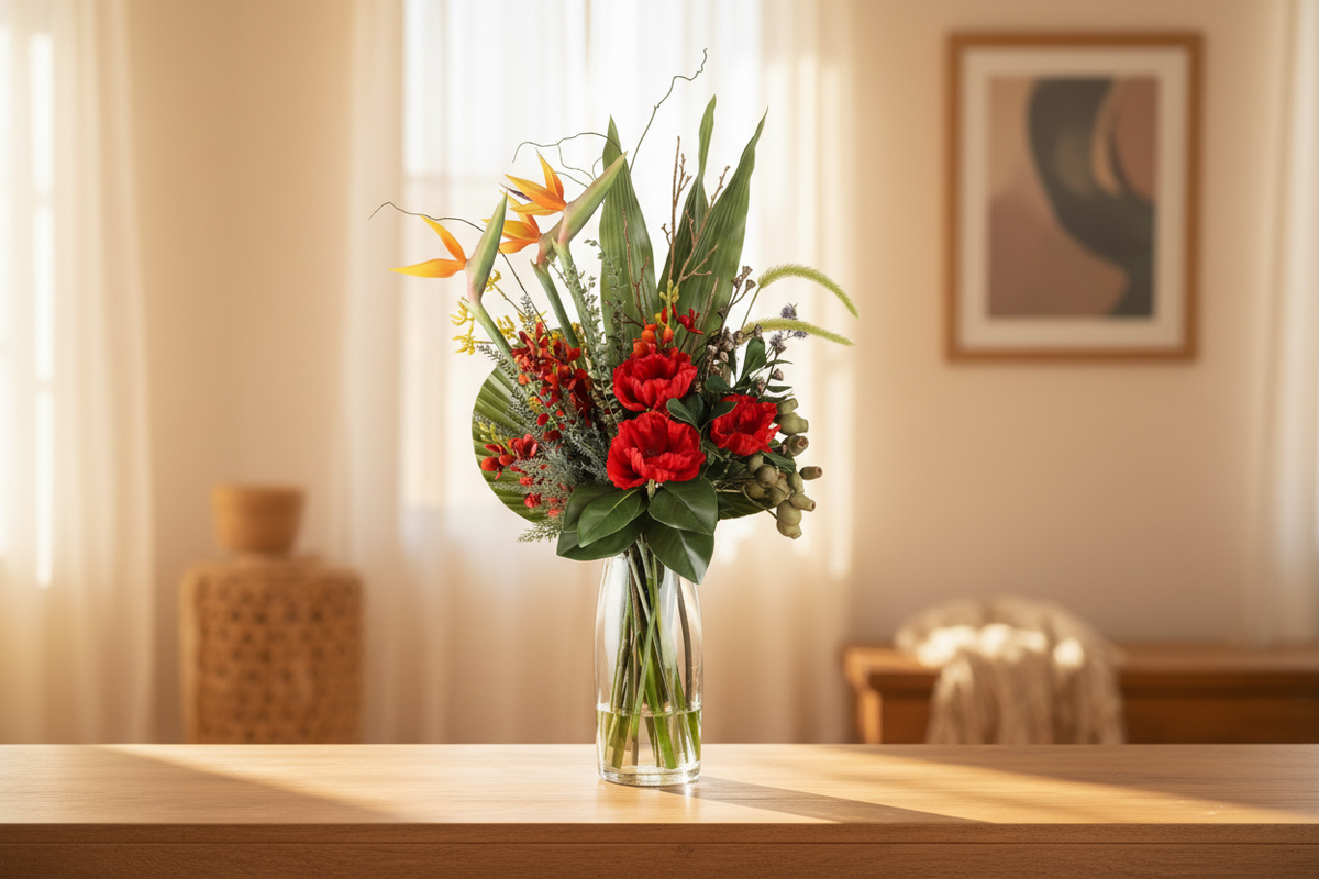 Large Bird of Paradise Tropical artificial arrangement matching the supplied reference, dense compact composition in a clear cylinder vase on living room furniture, 90 x 40 cm