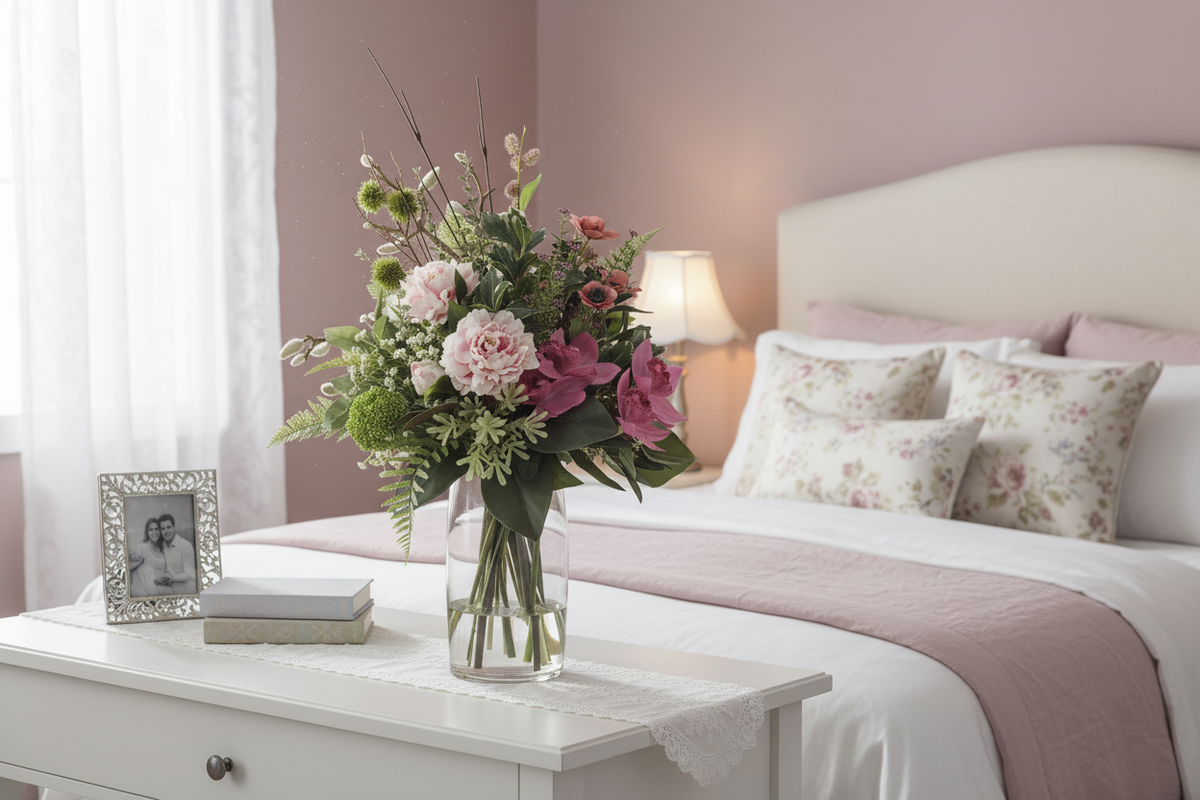 Blush Peony and Orchid Wild Garden medium artificial arrangement on a bedroom console