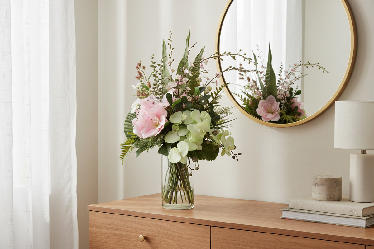 Pink Amaryllis and Orchid medium artificial arrangement on a bedroom dresser, vase resting on the furniture surface in a tall glass cylinder vase, 60 x 30 cm