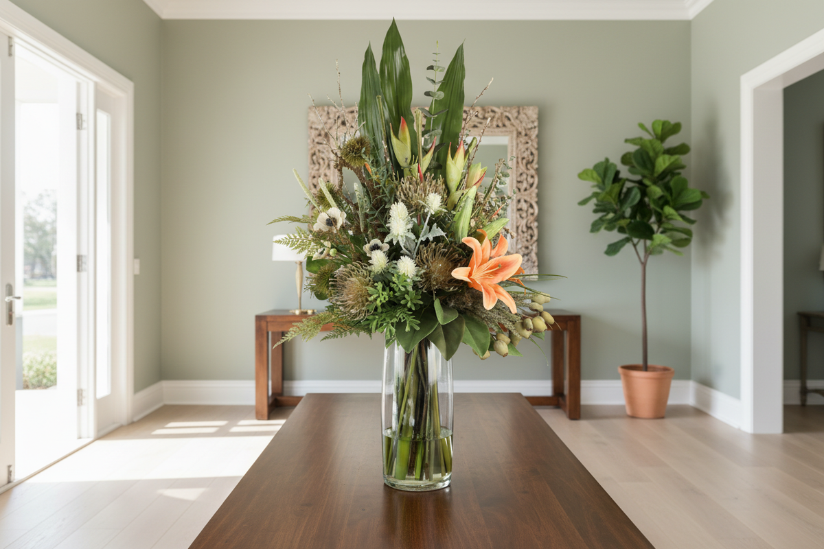 Peach Lily and Anemone Wild Garden artificial arrangement in a tall clear glass cylinder vase on a substantial entryway console, large 90x40 cm scale