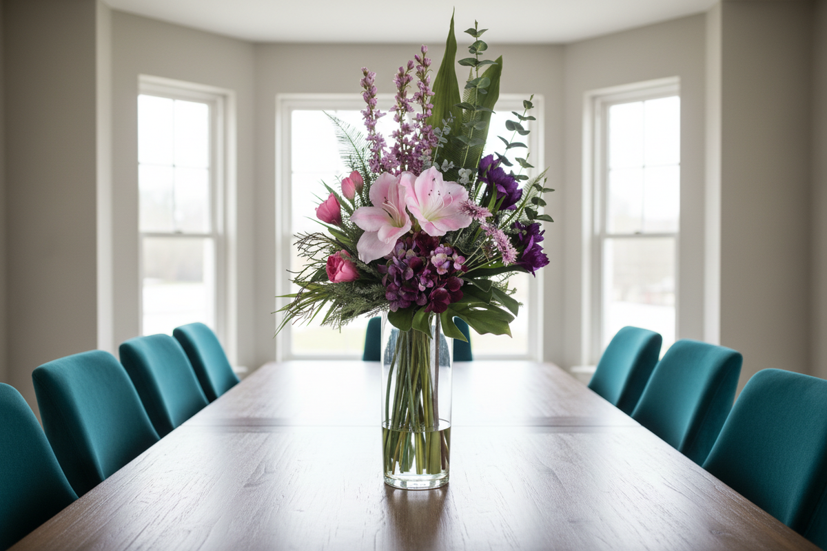 Purple Reign large artificial arrangement on a dining table, grounded in a tall glass cylinder vase, 90 x 40 cm