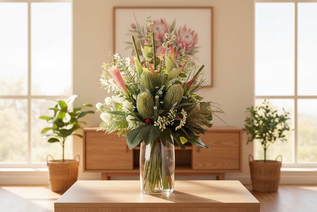 Medium Protea and Banksia Australian Native artificial arrangement preserved from the original product photo on living room furniture, grounded in a tall clear cylinder vase, 60 x 30 cm
