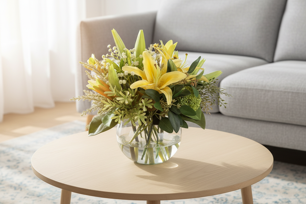 Golden Lily and Wax Flower Sunshine artificial arrangement in a glass fishbowl vase on a living room coffee table