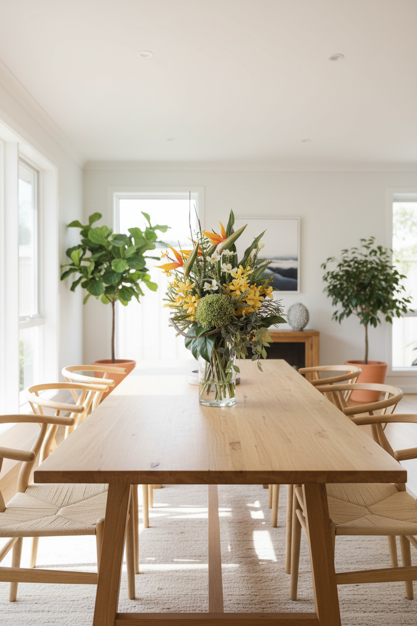 Bird of Paradise and Cymbidium Orchid medium artificial arrangement in a tall glass cylinder vase as a dining table centrepiece, 60x30 cm scale