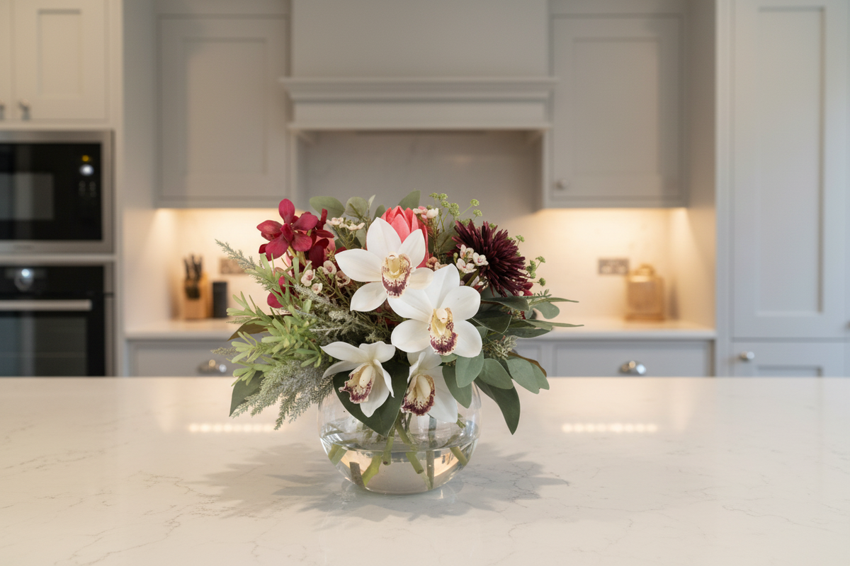 White Orchid and Burgundy Dahlia Luxe artificial arrangement in a glass fishbowl vase on a kitchen bench