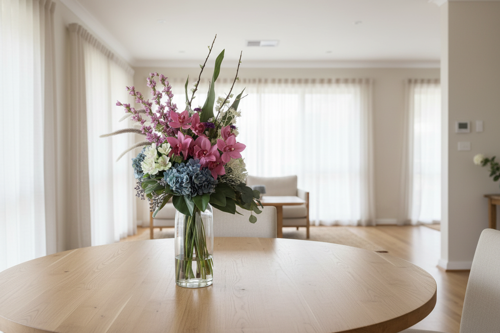 Large Pink Orchid and Blue Hydrangea artificial arrangement preserved from the original product photo on a dining table, grounded in a tall clear cylinder vase, 90 x 40 cm