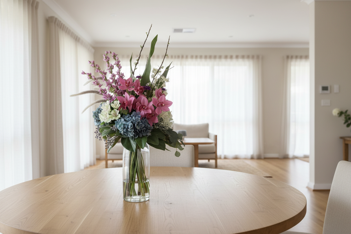 Large Pink Orchid and Blue Hydrangea artificial arrangement preserved from the original product photo on a dining table, grounded in a tall clear cylinder vase, 90 x 40 cm