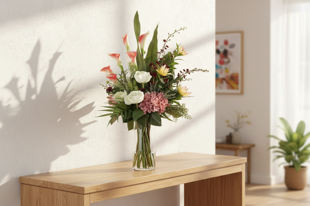 Large Pink Calla Lily and Protea artificial arrangement preserved from the original product photo on an entryway console, grounded in a clear cylinder vase, 90 x 40 cm