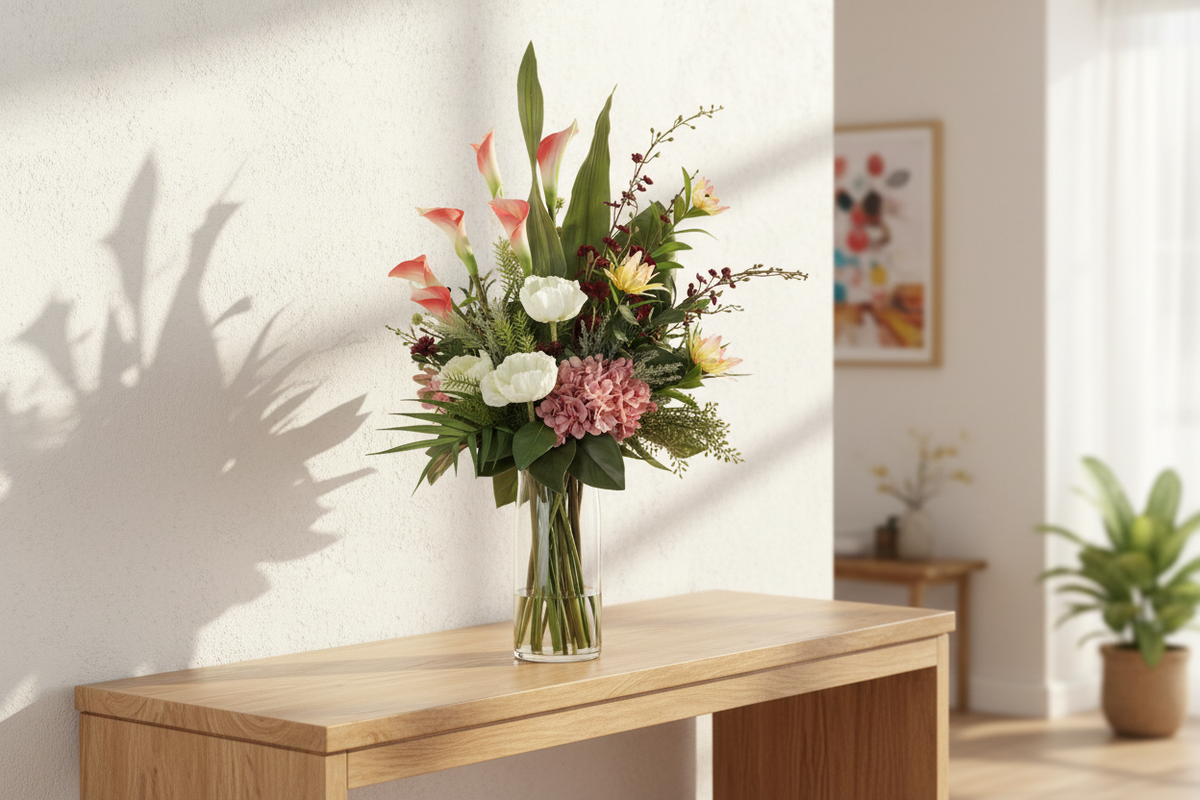 Large Pink Calla Lily and Protea artificial arrangement preserved from the original product photo on an entryway console, grounded in a clear cylinder vase, 90 x 40 cm