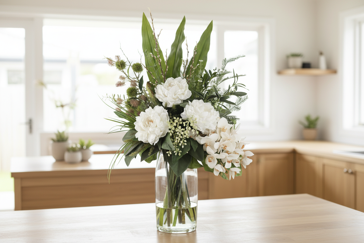 Medium White Peony and Orchid Zen artificial arrangement preserved from the original product photo on a kitchen surface, grounded in a tall clear cylinder vase, 60 x 30 cm