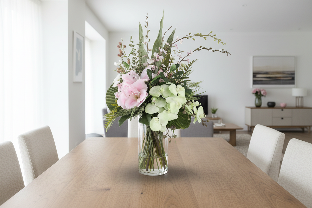Pink Amaryllis and Orchid medium artificial arrangement on a dining table, vase resting on the furniture surface in a tall glass cylinder vase, 60 x 30 cm
