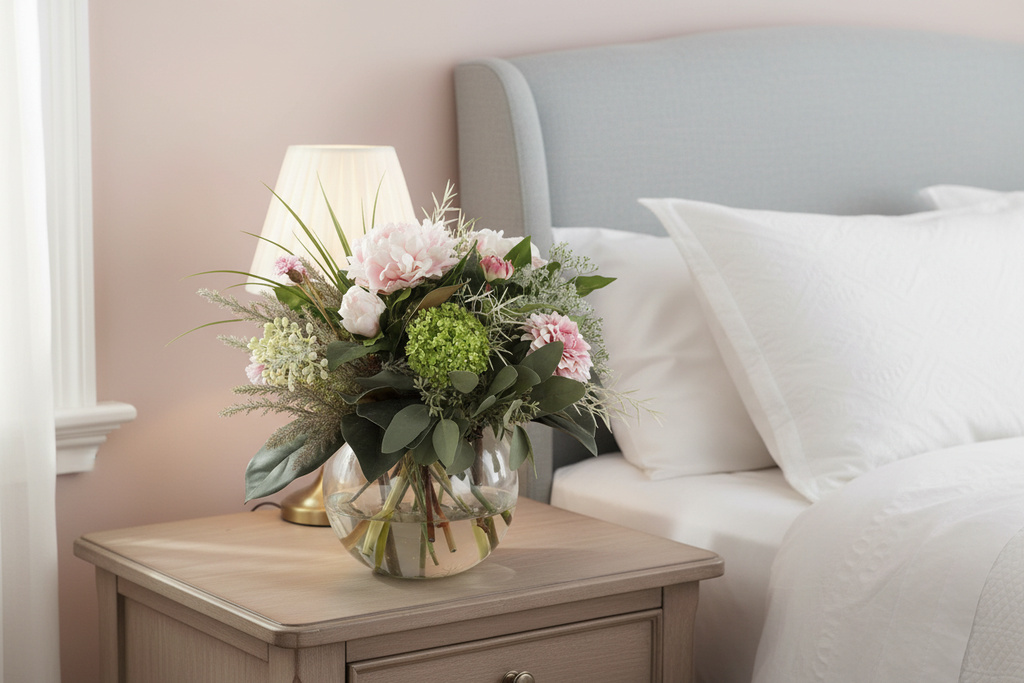 Blush Peony and Spray Rose Garden Romance small artificial arrangement on a bedside table