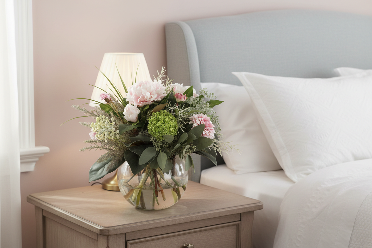 Blush Peony and Spray Rose Garden Romance small artificial arrangement on a bedside table