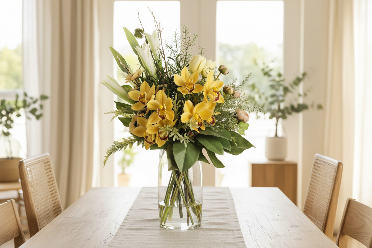 Medium Golden Orchid and Lily Sunshine artificial arrangement preserved from the original product photo on a dining table, grounded in a tall clear cylinder vase, 60 x 30 cm