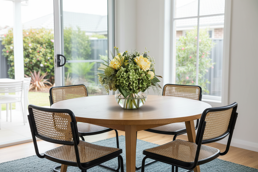 Green Hydrangea and Yellow Peony Garden artificial arrangement in a glass fishbowl vase on a dining table