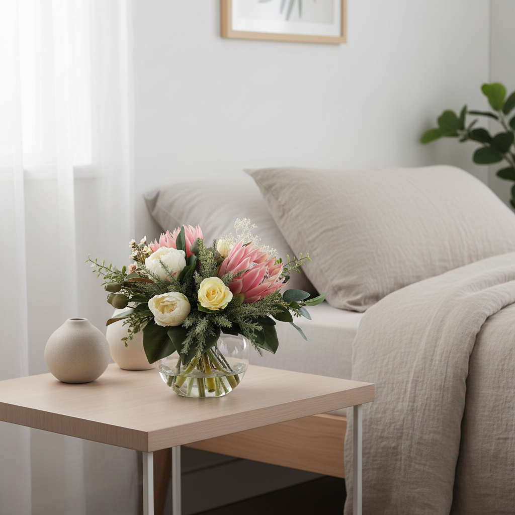 King Protea 20 by 20 centimetre artificial bouquet on a bedside table in a bright Australian home