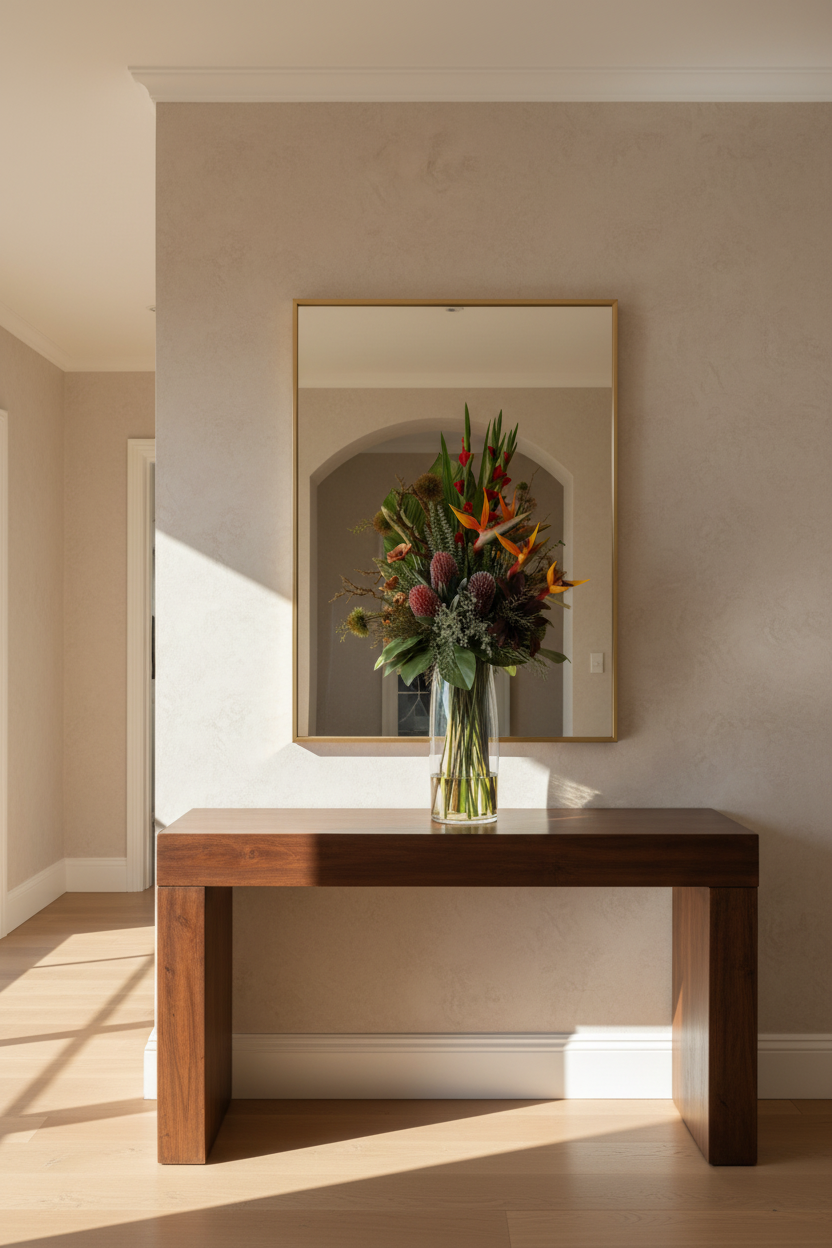 Bird of Paradise and Banksia Tropical Showpiece artificial arrangement in a tall glass cylinder vase on an entryway console, large 90x40 cm scale