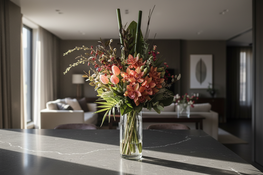 Peach Orchid and Tulip large artificial arrangement on a kitchen island, grounded in a tall glass cylinder vase, 90 x 40 cm