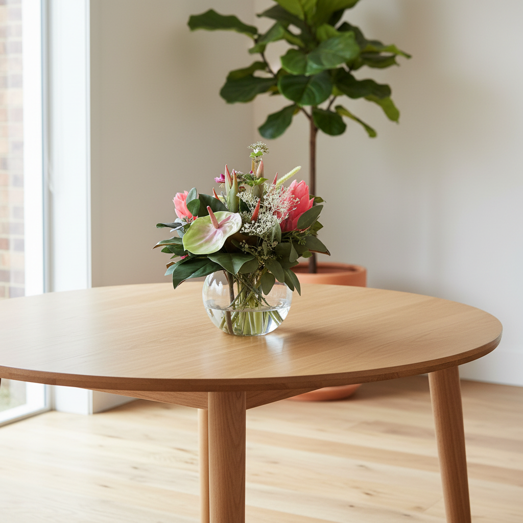 Tropical Coral 20 by 20 centimetre artificial bouquet on a dining table in a bright Australian home