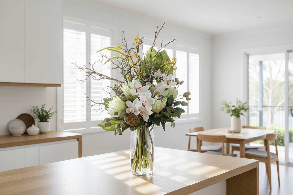 Bush Luxe large artificial arrangement matching the supplied reference, compact upright form in a clear cylinder vase on a kitchen surface, 90 x 40 cm