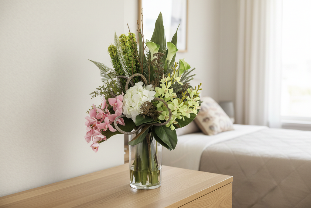 Botanical Garden medium artificial arrangement on a bedroom dresser, grounded in a tall glass cylinder vase, 60 x 30 cm