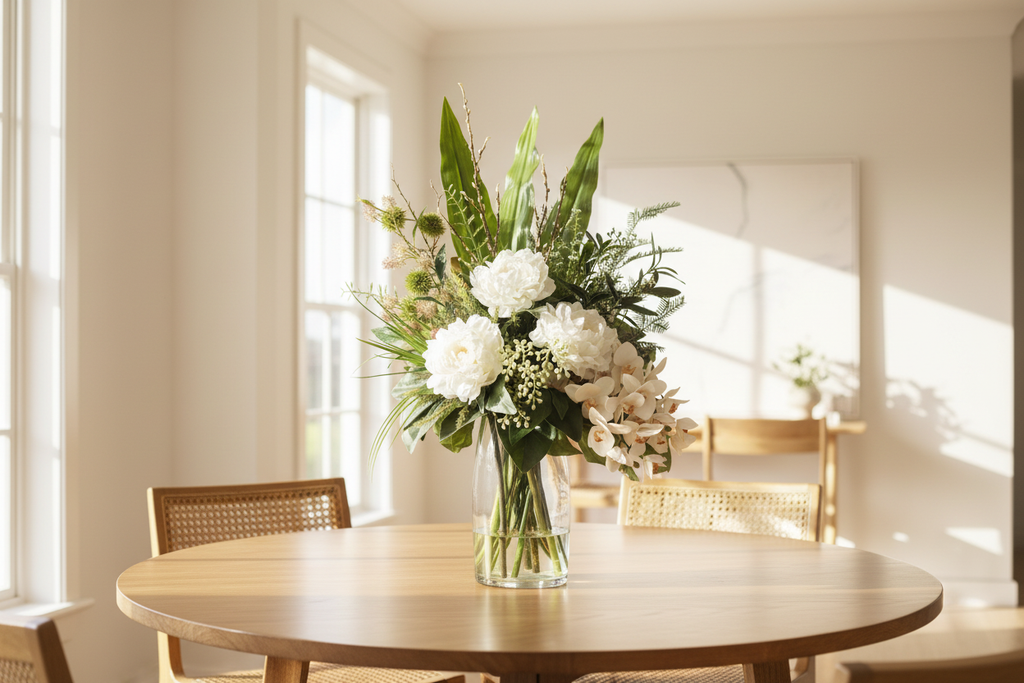 Medium White Peony and Orchid Zen artificial arrangement preserved from the original product photo on a dining table, grounded in a tall clear cylinder vase, 60 x 30 cm