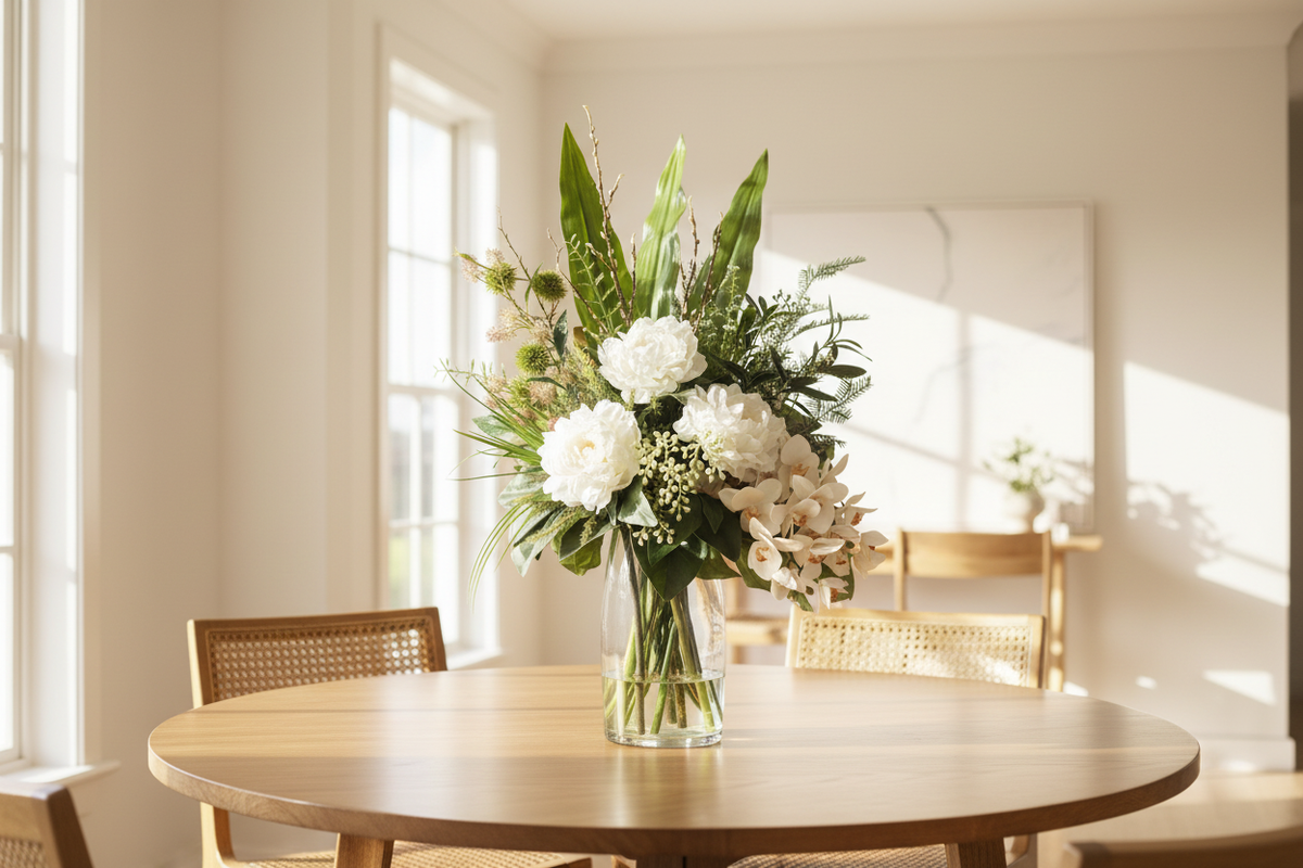 Medium White Peony and Orchid Zen artificial arrangement preserved from the original product photo on a dining table, grounded in a tall clear cylinder vase, 60 x 30 cm