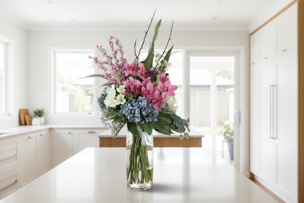 Large Pink Orchid and Blue Hydrangea artificial arrangement preserved from the original product photo on a kitchen surface, grounded in a tall clear cylinder vase, 90 x 40 cm