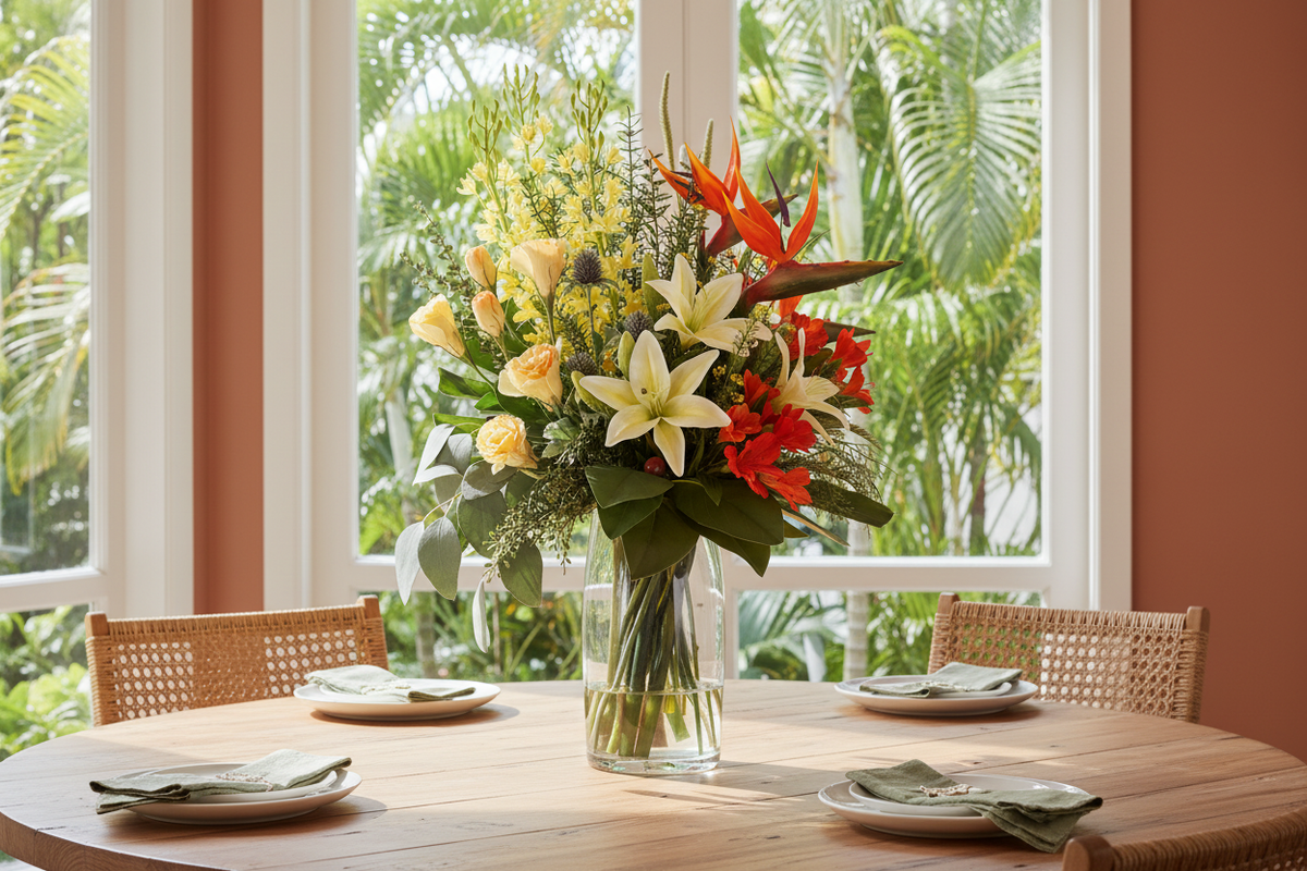 Medium Bird of Paradise and Lily Tropical artificial arrangement preserved from the original product photo on a dining table, grounded in a tall clear cylinder vase, 60 x 30 cm