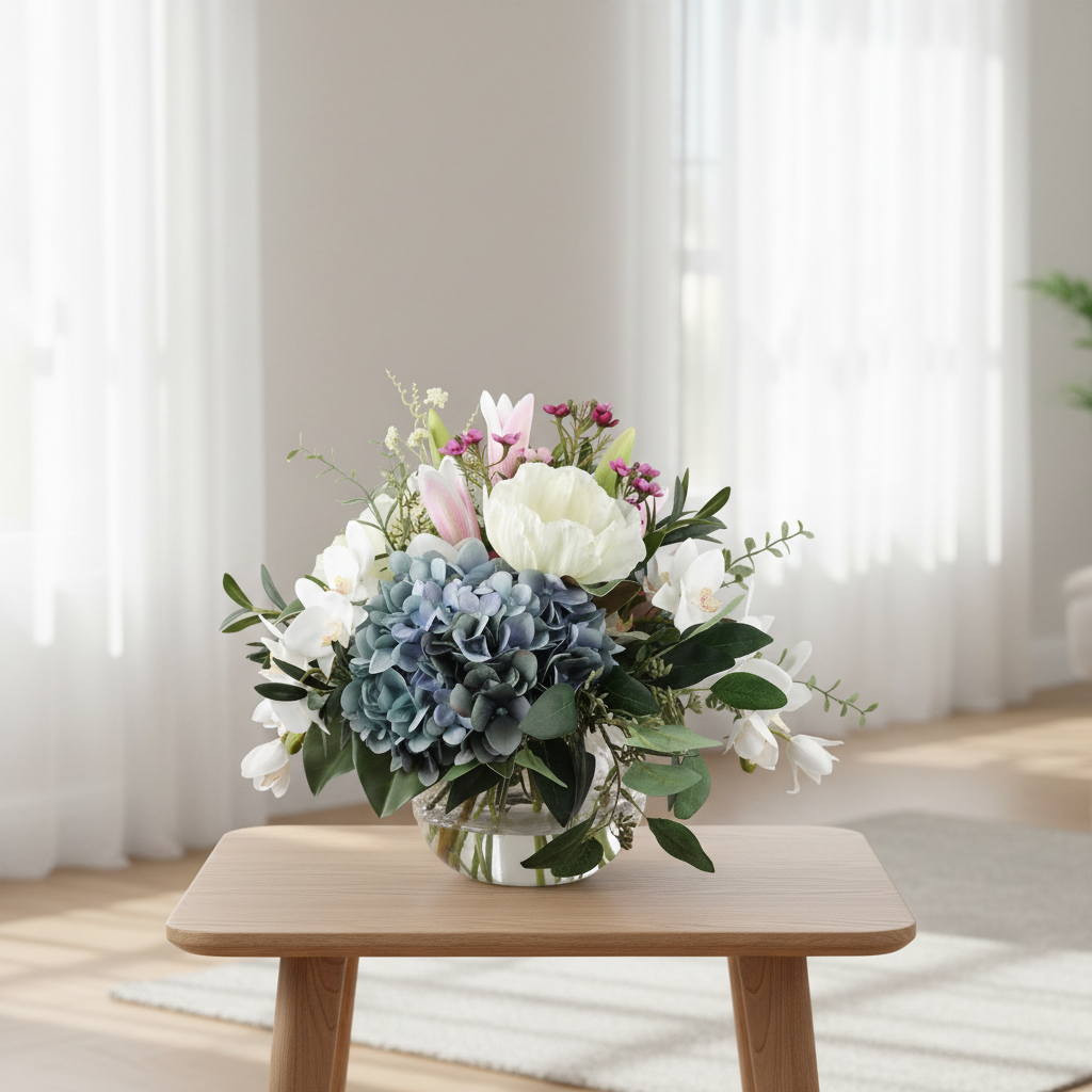 Hydrangea Dreams 20 by 20 centimetre artificial bouquet on a small side table in a bright Australian home