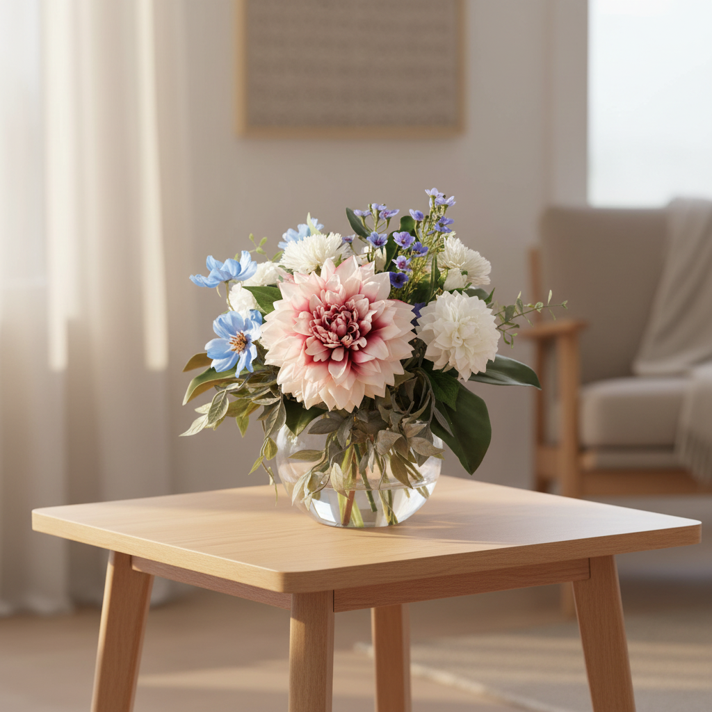 Dreamy Dahlia 20 by 20 centimetre artificial bouquet on a small side table in a bright Australian home