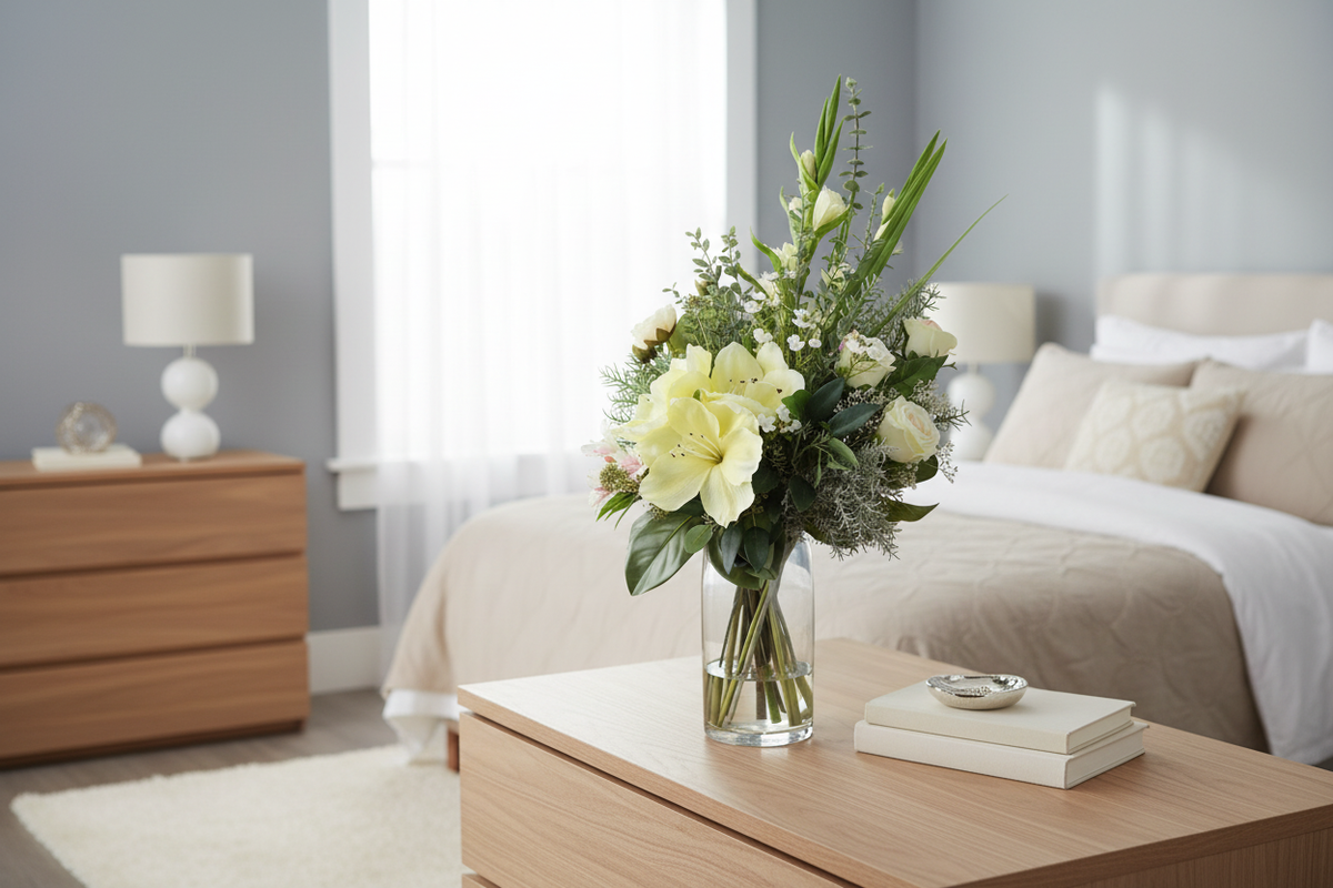 White Garden medium artificial flower arrangement in a tall glass cylinder vase on a bedroom dresser