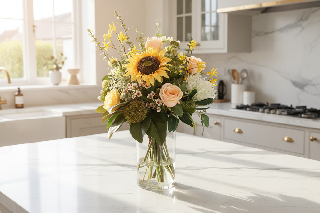 Sunflower and Peach Rose medium artificial arrangement on a kitchen island, grounded in a classic glass cylinder vase, 60 x 30 cm
