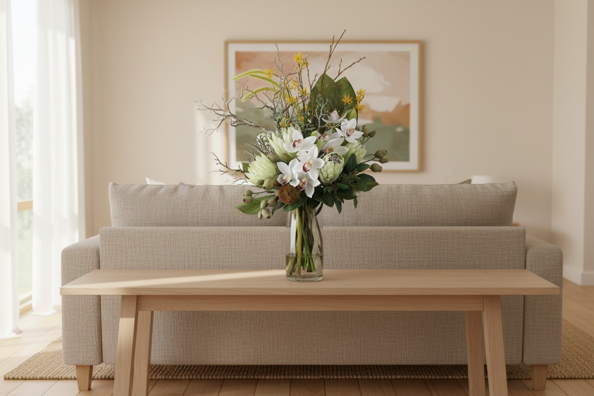 Bush Luxe large artificial arrangement matching the supplied reference, compact upright form in a clear cylinder vase on living room furniture, 90 x 40 cm