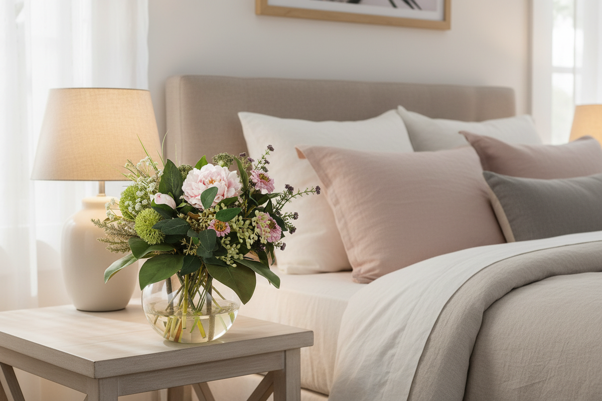 Blush Peony and Aster Cottage Garden artificial arrangement in a glass fishbowl vase on a bedside table