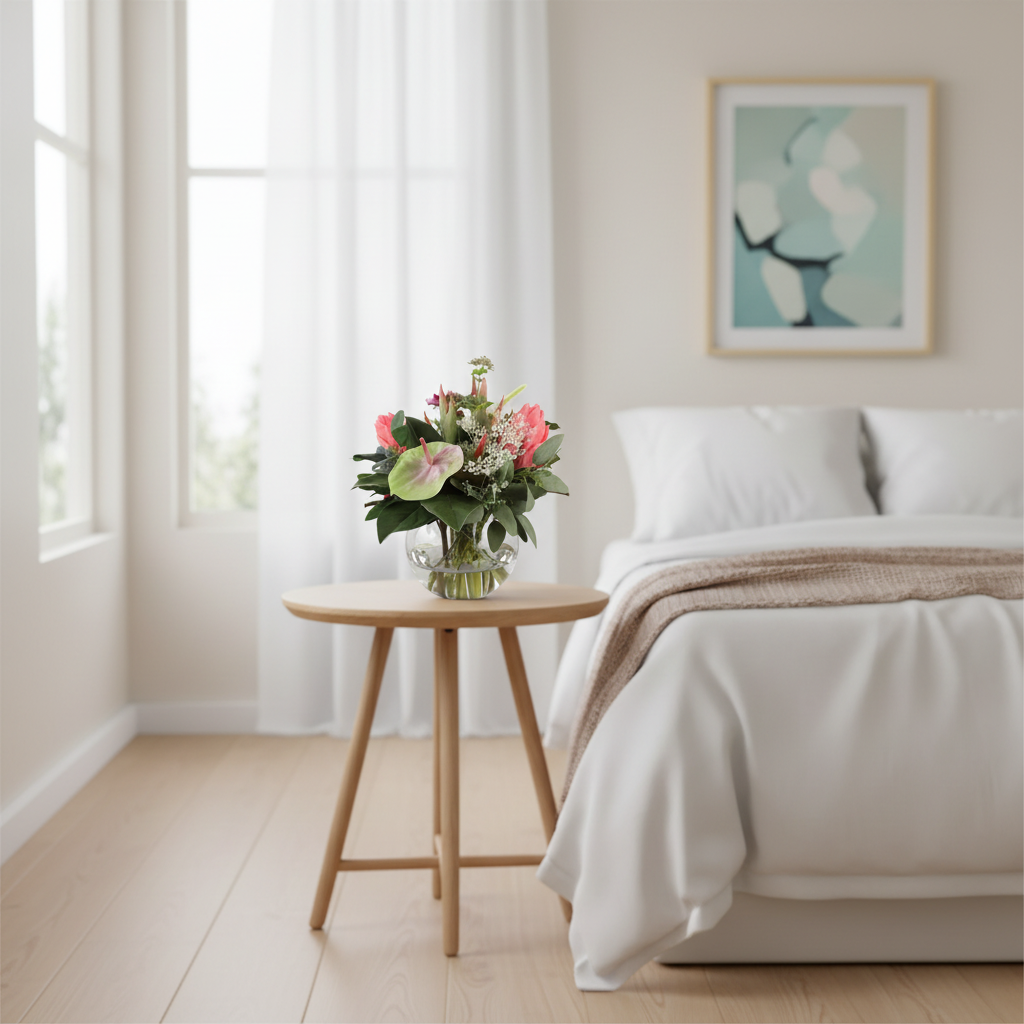 Tropical Coral 20 by 20 centimetre artificial bouquet on a bedside table in a bright Australian home
