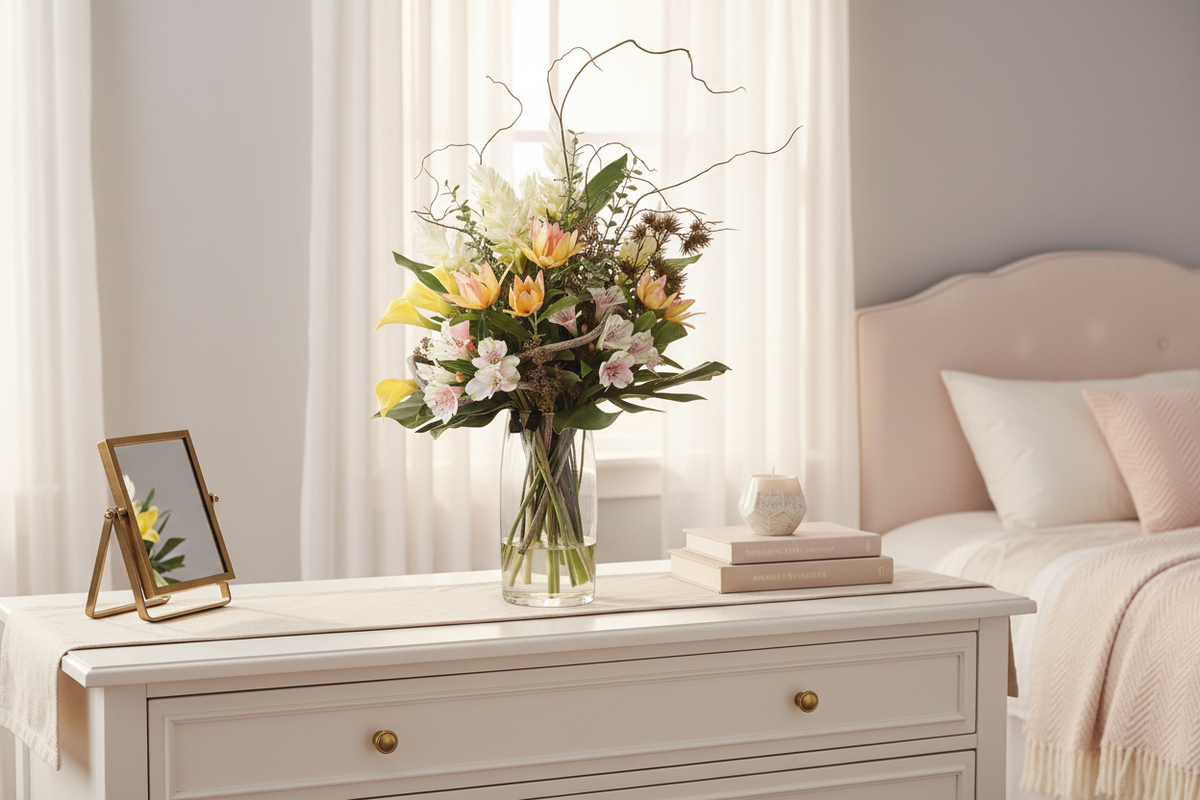 Spring Whisper medium artificial arrangement in a tall glass cylinder vase on a bedroom dresser