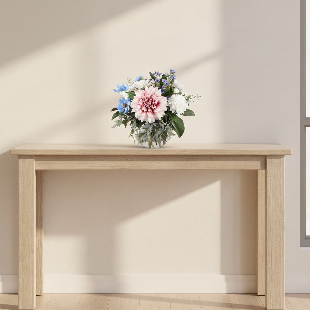 Dreamy Dahlia 20 by 20 centimetre artificial bouquet on an entry console in a bright Australian home