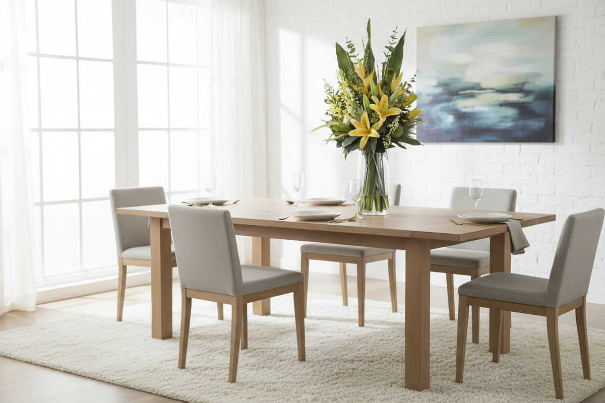 Yellow Lily and Heliconia Luminous artificial arrangement on a dining table