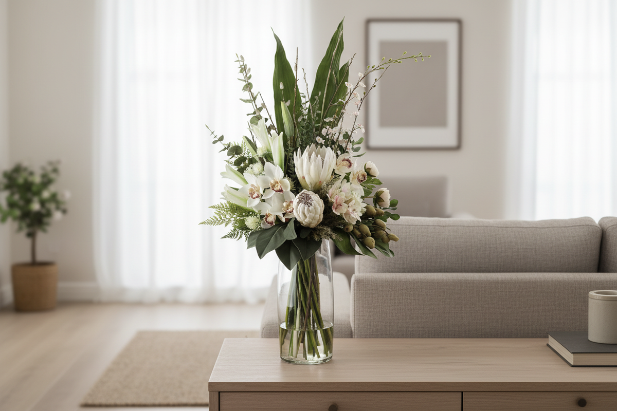 White King Protea and Cymbidium Orchid Pristine artificial arrangement on a living room sideboard