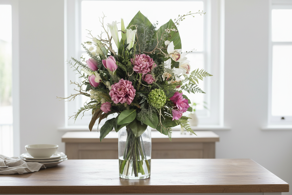 Medium Pink Peony and Tulip Garden artificial arrangement preserved from the original product photo on a kitchen surface, grounded in a tall clear cylinder vase, 60 x 30 cm