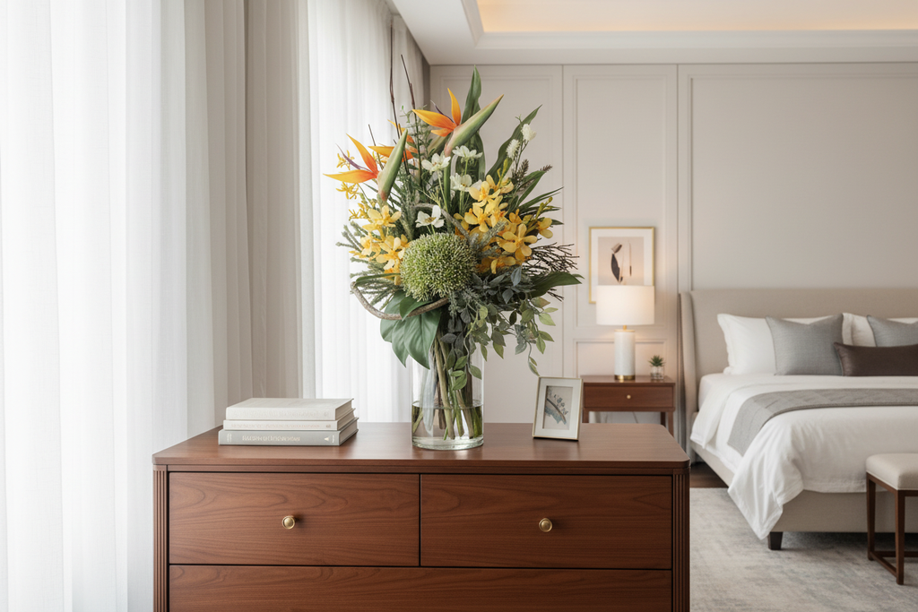 Bird of Paradise and Cymbidium Orchid medium artificial arrangement in a tall glass cylinder vase on a bedroom dresser
