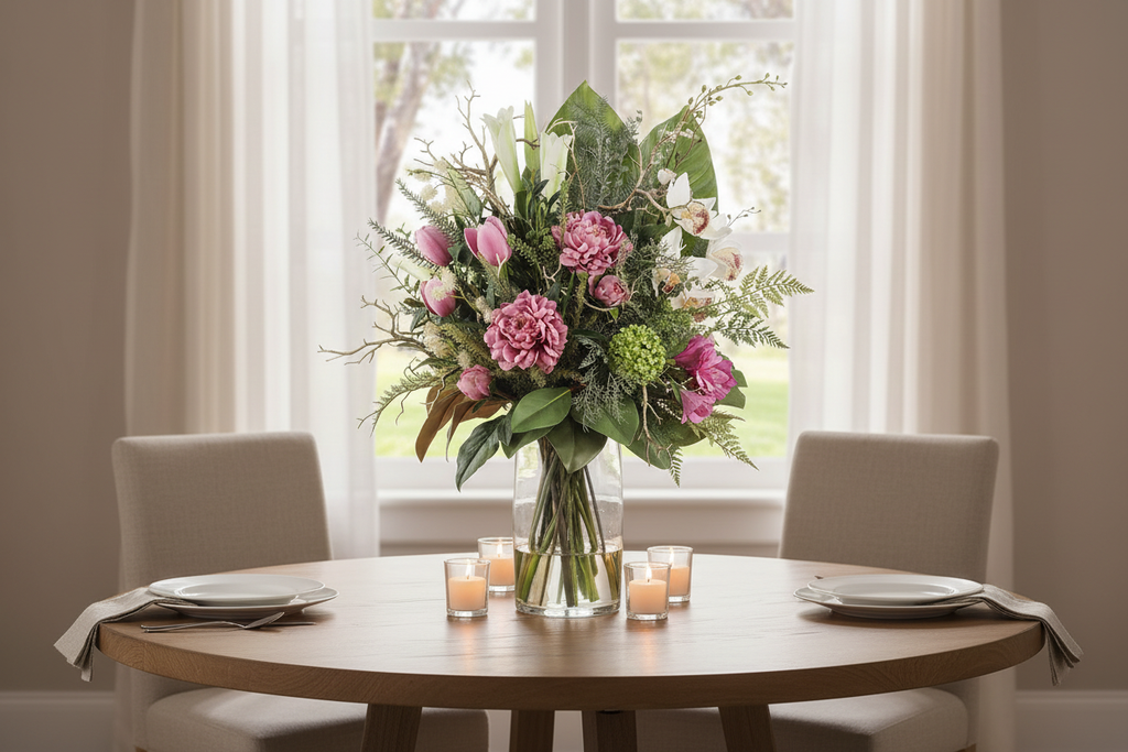 Medium Pink Peony and Tulip Garden artificial arrangement preserved from the original product photo on a dining table, grounded in a tall clear cylinder vase, 60 x 30 cm