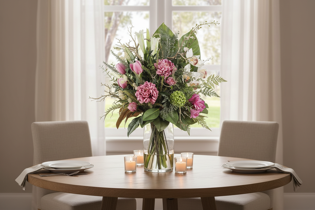 Medium Pink Peony and Tulip Garden artificial arrangement preserved from the original product photo on a dining table, grounded in a tall clear cylinder vase, 60 x 30 cm