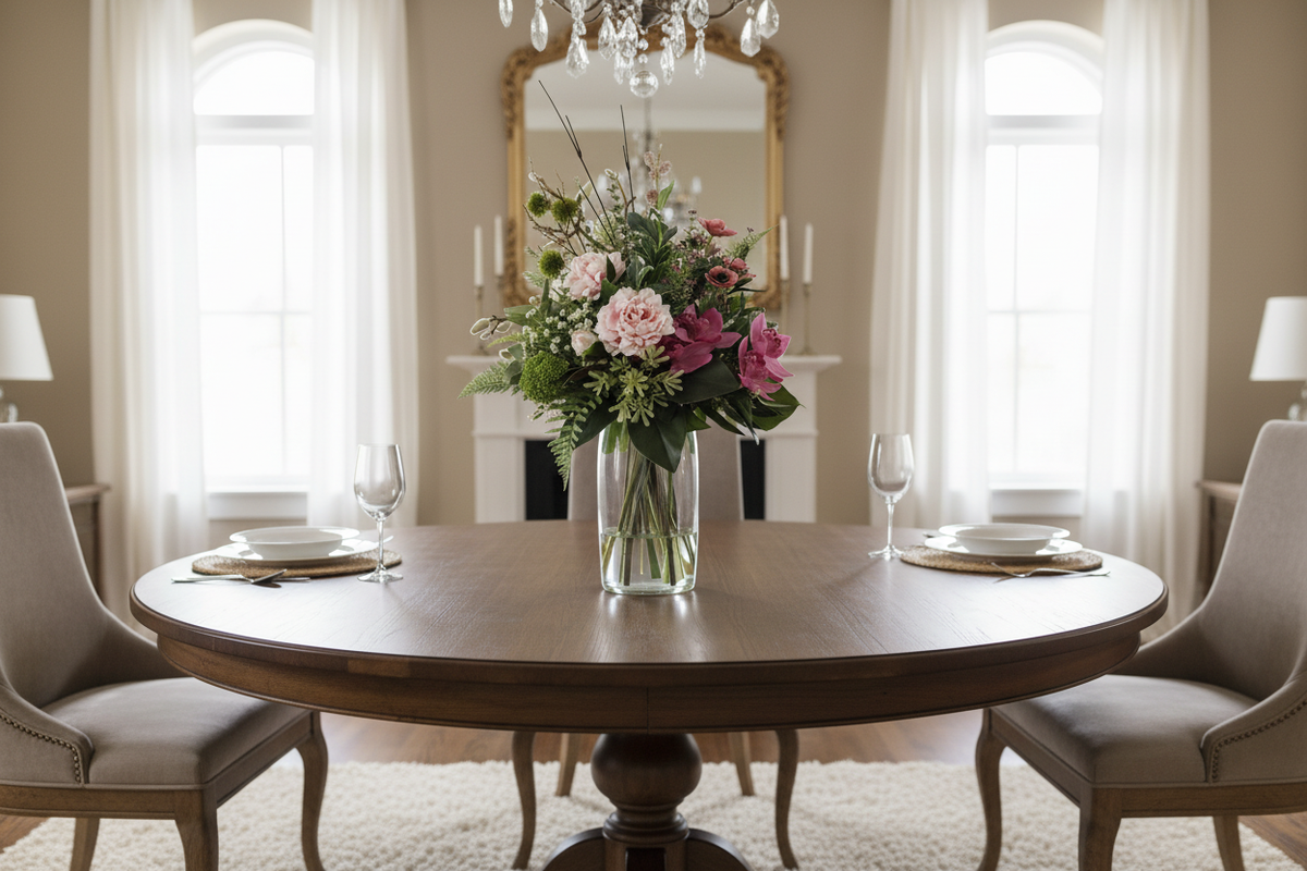 Blush Peony and Orchid Wild Garden medium artificial arrangement on a dining table