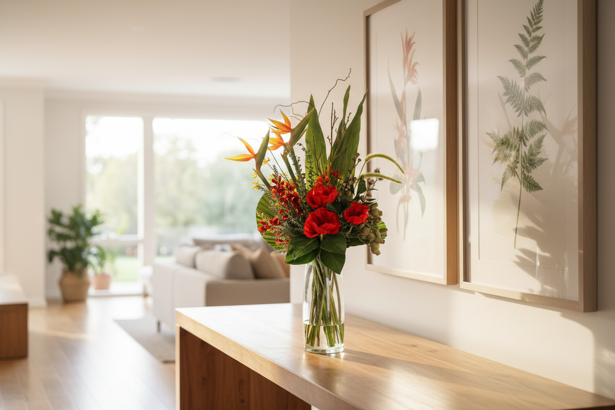 Large Bird of Paradise Tropical artificial arrangement matching the supplied reference, dense compact composition in a clear cylinder vase on an entryway console, 90 x 40 cm