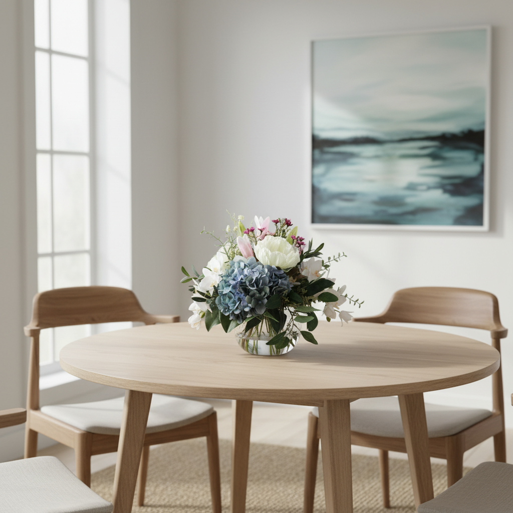 Hydrangea Dreams 20 by 20 centimetre artificial bouquet on a dining table in a bright Australian home