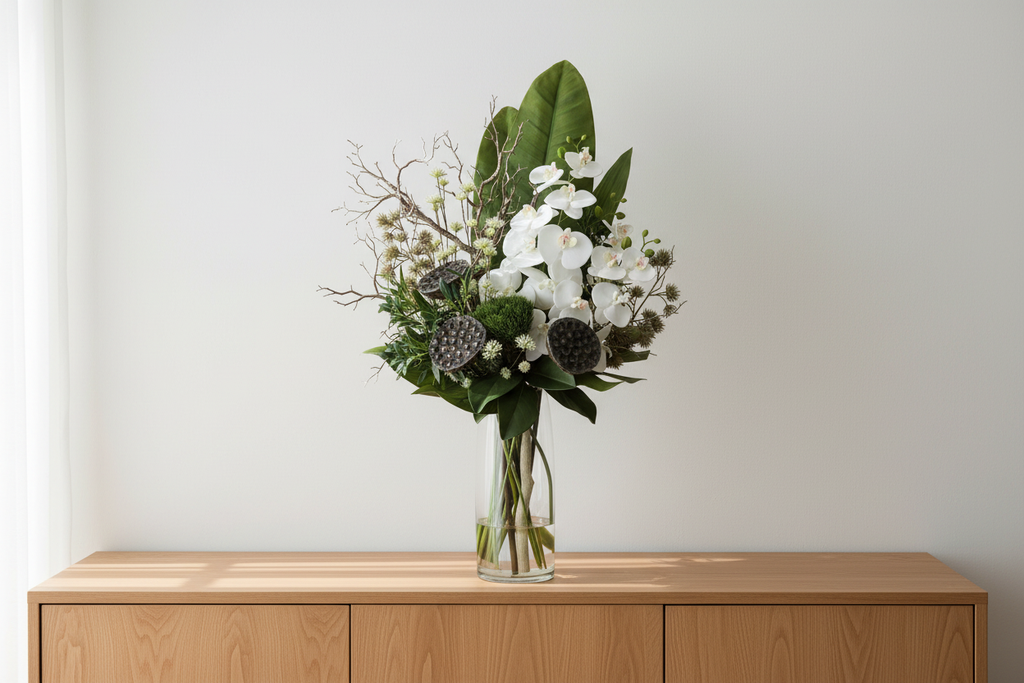 Zen Orchid and Lotus large artificial arrangement on a living room sideboard, grounded in a tall glass cylinder vase, 90 x 40 cm