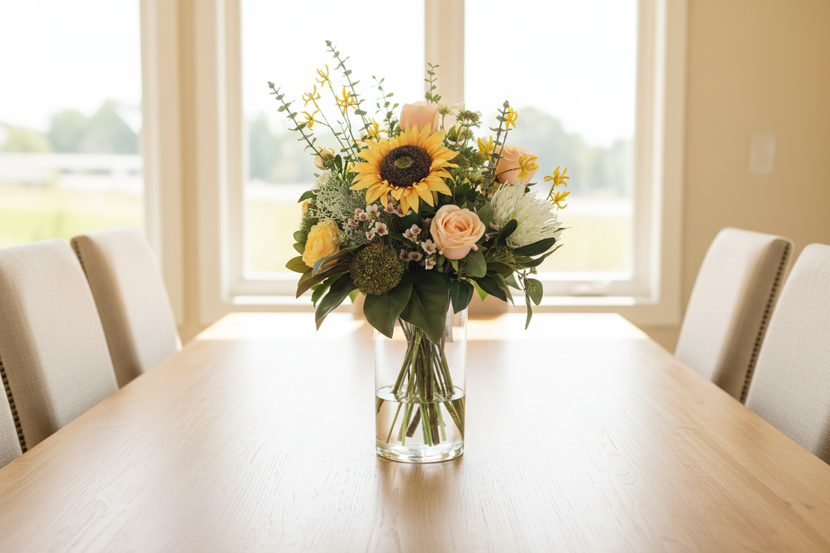 Sunflower and Peach Rose medium artificial arrangement on a dining table, grounded in a classic glass cylinder vase, 60 x 30 cm